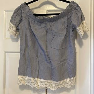 NY&Co Off the Shoulder Blue Striped Top w/ Lace Details